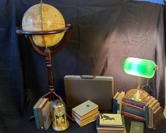 Study Library Decor Lot Floor Globe, Bankers Lamp Antique Books