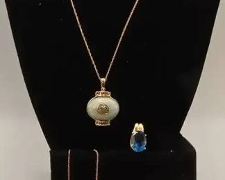 14K 10K Gold Estate Jewelry Lot Jade Lantern Blue Topaz Pendant, Rose Yellow Gold Chains