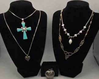 Sterling Silver Necklace Pendant Lot aprox 61g Turquoise Cross, Engraved Locket, Celtic Knot