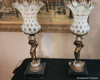 Set Fenton thumbprint glass shade cherub lights