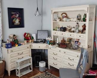 white bedroom set with corber desk