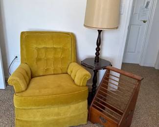 Mustard Yellow Plush Chair, Lamp, Magazine Rack