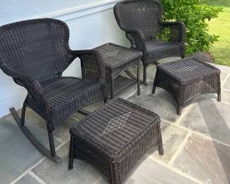 Five Piece Windsor Resin Wicker Set 2 Rockers, 2 Ottomans and 1 side table