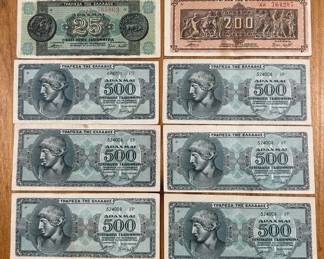 Lot of 1944 Greek Drachmai Banknotes 5, 25, 200, and 500 Million