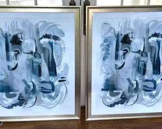 Pair Of Framed Blue  gray Abstract Wall Art