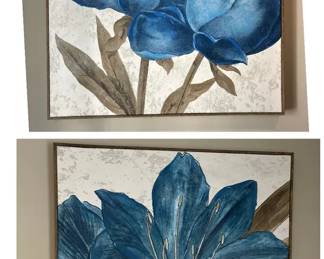 Pair Of Canvas Blue Flower Artwork