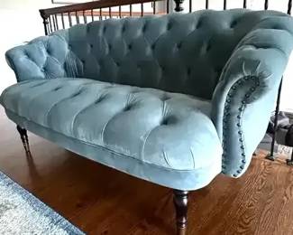 Blue Velvet Tufted Sofa with Rolled Arms with Nailhead Trim