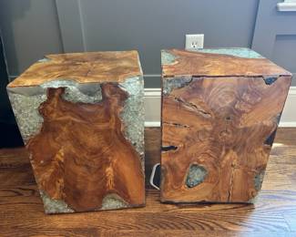 Pair of Teak Wood and Crushed Glass  Resin Tables