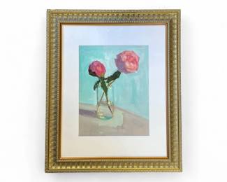 Peony in jar framed original still life by Kimberly Bisger