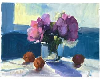 Unframed still life of flowers with fruit by Kimberly Bisger