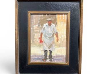 Impressionistic oil on board framed painting of a butcher