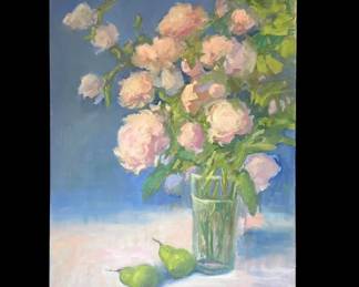 Peonies and pears in oil on canvas by Kimberly Bisger (Richmond, VA)