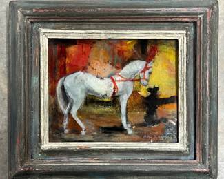 Portrait of a white horse with black dog, signed Helen Sawyer