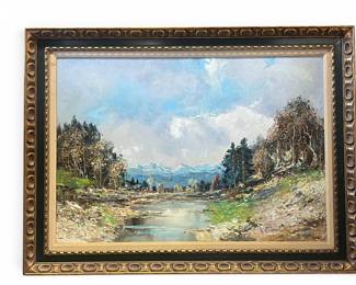 Large framed oil on canvas of landscape with mountains by B. Omar
