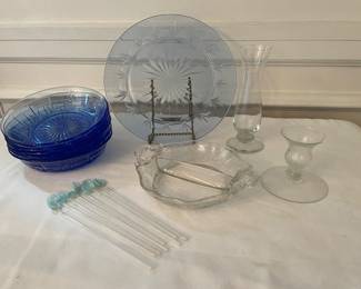 Blue cut glass bowls & serving plate