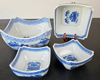 Lot #47 - Vintage Blue and White Porcelain Mottahedeh Canton Square Bowls with Classic Chinese Landscape Design
