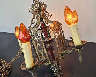 Lot #121 - Antique Gothic Revival Chandelier with Amber Flame Bulbs