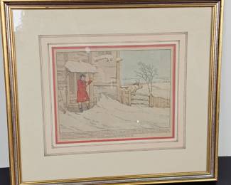 Lot #42 - Antique Winter Scene Hand-Colored Etching in Gilded Wood Frame