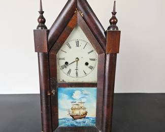 Lot #86 - Antique 19th Century Mahogany-Veneer Gothic Steeple Clock with Reverse Painted Nautical Ship Scene
