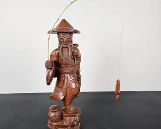 Lot #11 - Vintage Hand Carved Wooden Chinese Fisherman Statue Jiang Ziya with Bamboo Fishing Rod and Hanging Fish
