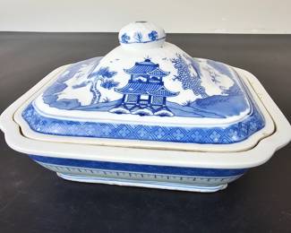 Lot #48 - Vintage Blue and White Asian Ceramic Covered Casserole Dish with Pagoda Design