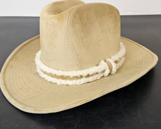 Lot #131 - Vintage Newport Western Beige Suede-Style Cowboy Hat with White Faux Fur Trim