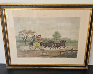 Lot #44 - Antique Framed Coaching Print Art - Vintage Horse Carriage Scene