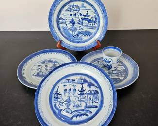 Lot #49 - Vintage Blue and White Porcelain Plates and Cup with Asian Pagoda Scenic Design