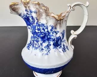 Lot #51 - Antique Dunn Bennett & Co. Blue and White Floral Porcelain Pitcher with Gold Accents