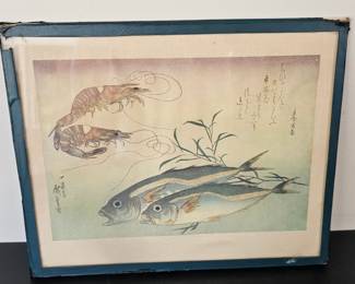 Lot #123 - Antique Aji and Kuruma-ebi Japanese Fish and Shrimp Chromolithograph Utagawa Hiroshige Ukiyo-e Art