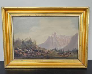 Lot #104 - Antique Original Oil on Board Mountain Landscape Painting in Ornate Gold Gilt Frame