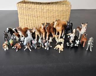 Lot #22 - Vintage Ceramic Porcelain Animal Figurines Lot with Unique Hand-Painted Details Plus Natural Woven Basket