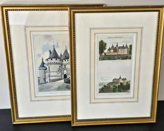Lot #99 - Antique France Pittoresque Hand-Colored Chateau Engravings, Plus Chaumont sur Loire Lithograph, in Ornate Gilt Frames