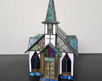 Lot #23 - Handcrafted Stained Glass Church Model with Multi-Color Windows and Textured Roof