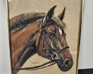 Lot #76 - Vintage 1977 Randy Horse Portrait Pastel Art by J. Shearer in Gold Frame
