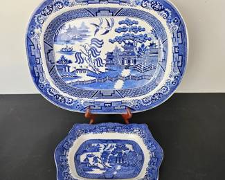 Lot #46 - Antique Blue Willow Transferware Platter Set with Classic Oriental Landscape Design