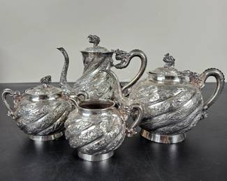 Lot #1 - Antique Japanese Meiji Sterling Silver Dragon Handled Tea Set