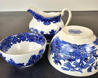 Lot #54 - Burleigh Ware Willow Blue and White Ironstone Ceramic Decorative Bowls and Creamer Set