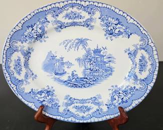 Lot #50 - John Maddock & Sons Blue and White Porcelain Transferware Platter with Oriental Scenic Design