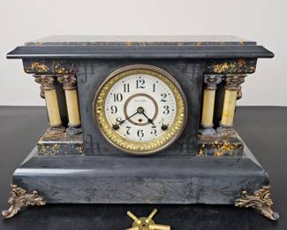 Lot #25 - Antique Seth Thomas Adamantine Mantel Clock with Ornate Corinthian Columns, Brass Feet and Key & Gold Tone Dial