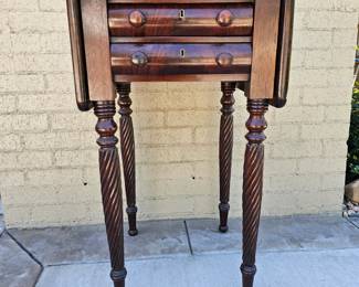 Lot #73 - Antique Sheraton Mahogany Drop Leaf Side Table with Turned Spiral Barley Twist Legs and Drawers