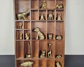 Lot #7 - Vintage Brass Animal Figurines & Bells Display in Wooden Printer Tray Style Case