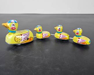 Lot #27 - Vintage Tin Litho Pull Toy Ducklings in Bright Yellow with Blue Caps