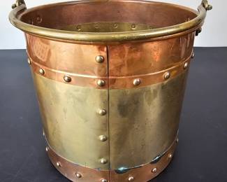 Lot #70 - Antique English Copper and Brass Riveted Coal Scuttle Kindling Bucket with Bail Handle