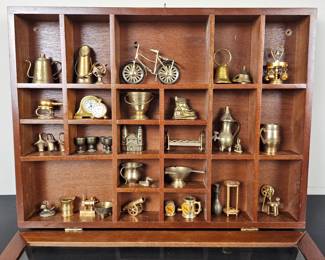 Lot #6 - Vintage Brass Miniature Collectibles Display Set in Wooden Case