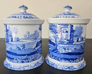 Lot #45 - Classic Spode Blue Italian Porcelain Lidded Kitchen Storage Jars Set Vintage Ceramic Pottery