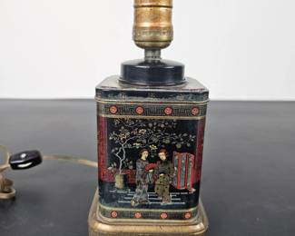 Lot #26 - Mid Century Frederick Cooper Chinoiserie Tea Tin Toleware Lamp Base with Asian-Inspired Artwork
