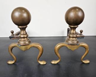 Lot #79 - Vintage Brass Andirons with Decorative Spherical Finials and Curved Legs