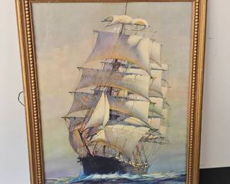 Lot #95 - Vintage Framed Lithograph of Tall Sailing Ship in Stormy Seas Nautical Art