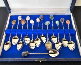 Lot #114 - Vintage Demitasse Spoons with Twisted Handles and Semi-Precious Stone Accents in Presentation Box